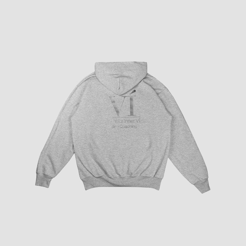 Rear view of Find Your Inner Vi hoodie in heather grey