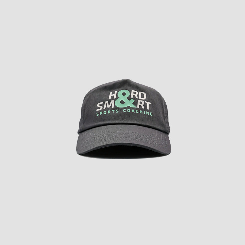 Front view of Hard & Smart Sports Coaching baseball cap in graphite grey