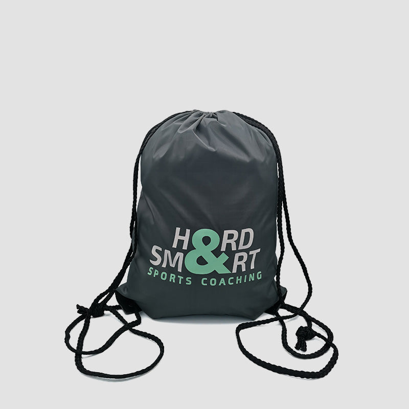 Front view of Hard & Smart Sports Coaching drawstring gym bag in dark grey