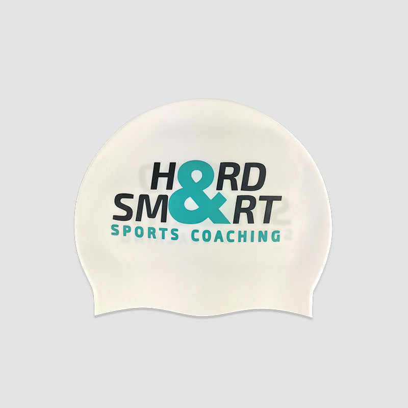 Front view of Hard & Smart Sports Coaching swimming cap in white