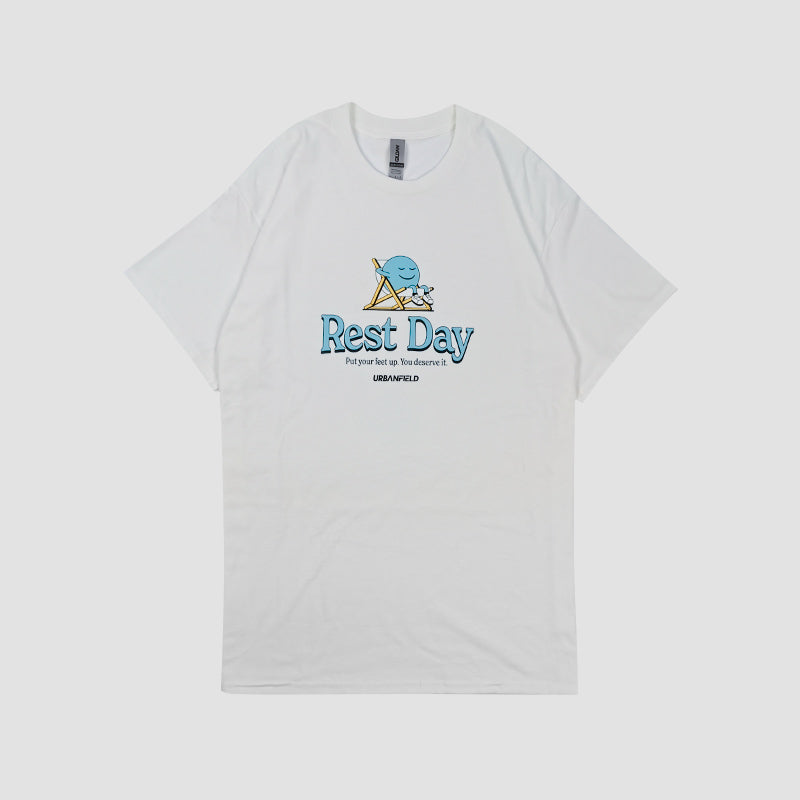 Front view of Urbanfield Sports rest day character graphic T-shirt in white